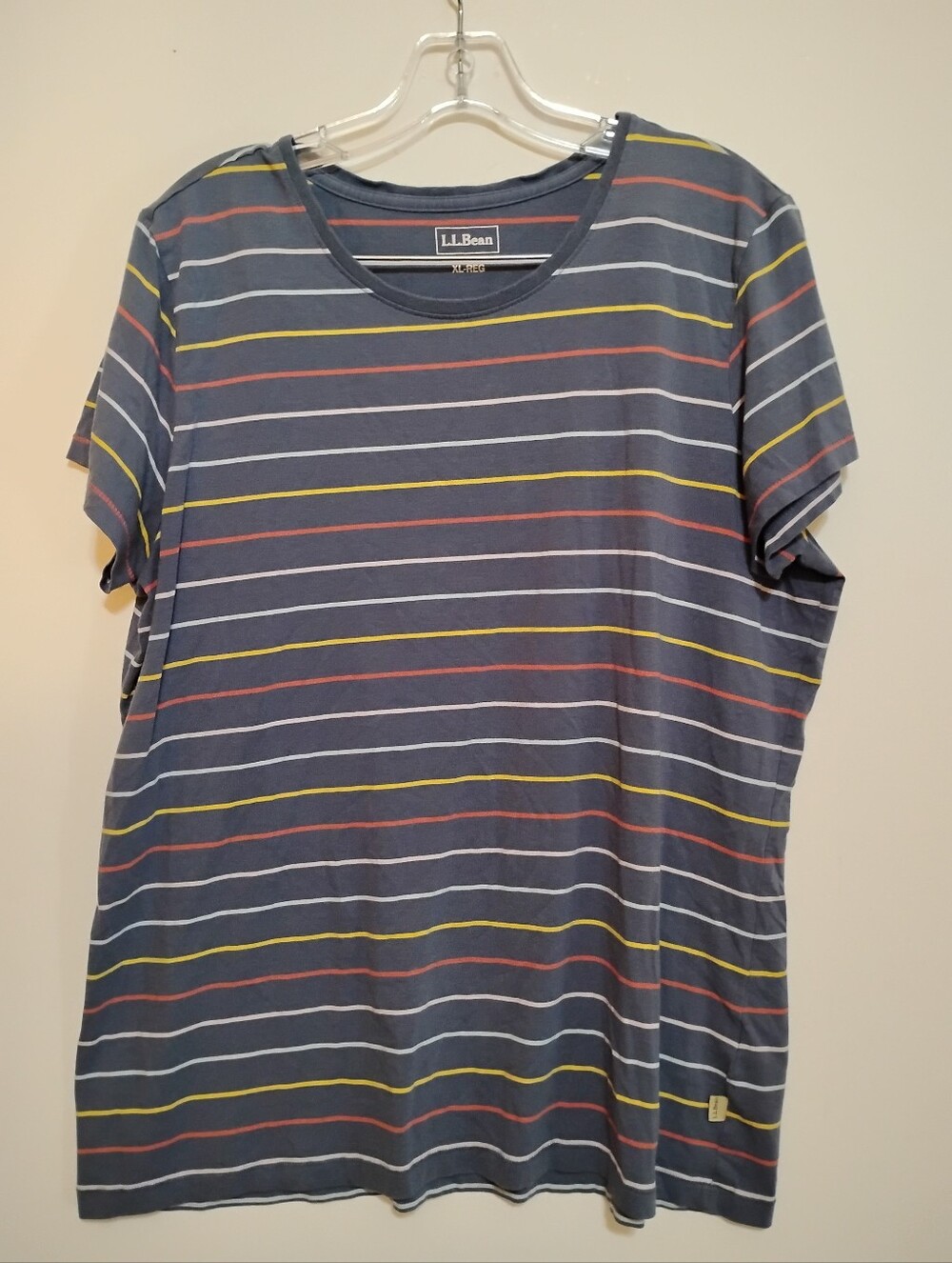 L.L. Bean Navy Gray Short Sleeve Tee with Yellow, Red & White Stripes XL-REG